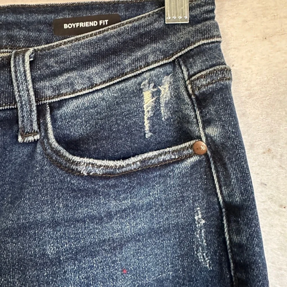 Judy Blue Boyfriend Fit Distressed Plaid Patch Jeans Dark Wash Denim Size 11/30 - Picture 3 of 9